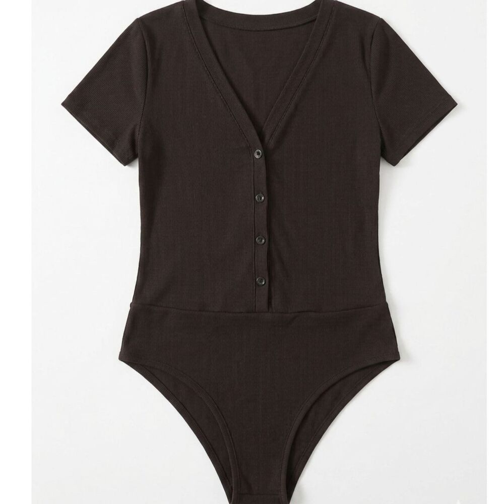 Ribbed V-Neck Bodysuit Button Front Short Sleeve Bodice Women's Large
